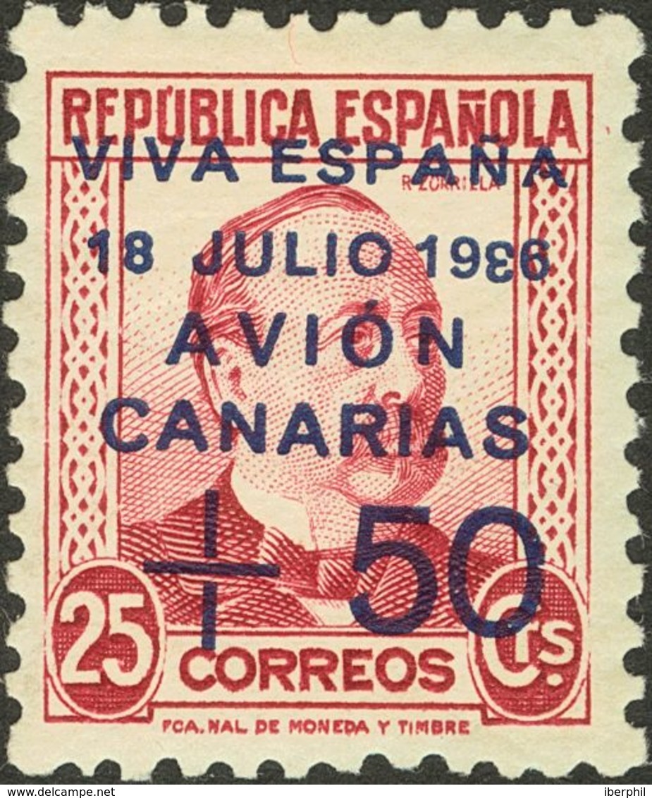 Canarias. * 14hca 1937. 50 Cts Sobre 25 Cts Carmín. Variedad ERROR DE IMPRESION "3" De "1936" , Al Revés. MAGNIFICO. 201 - Otros & Sin Clasificación