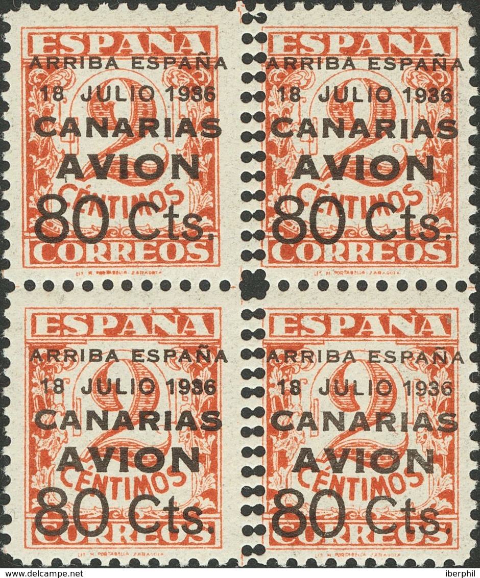 Canarias. * 21(4) 1937. 80 Cts Sobre 2 Cts Castaño Rojo, Bloque De Cuatro. Variedad DENTADO VERTICAL DOBLE. MAGNIFICO Y  - Altri & Non Classificati