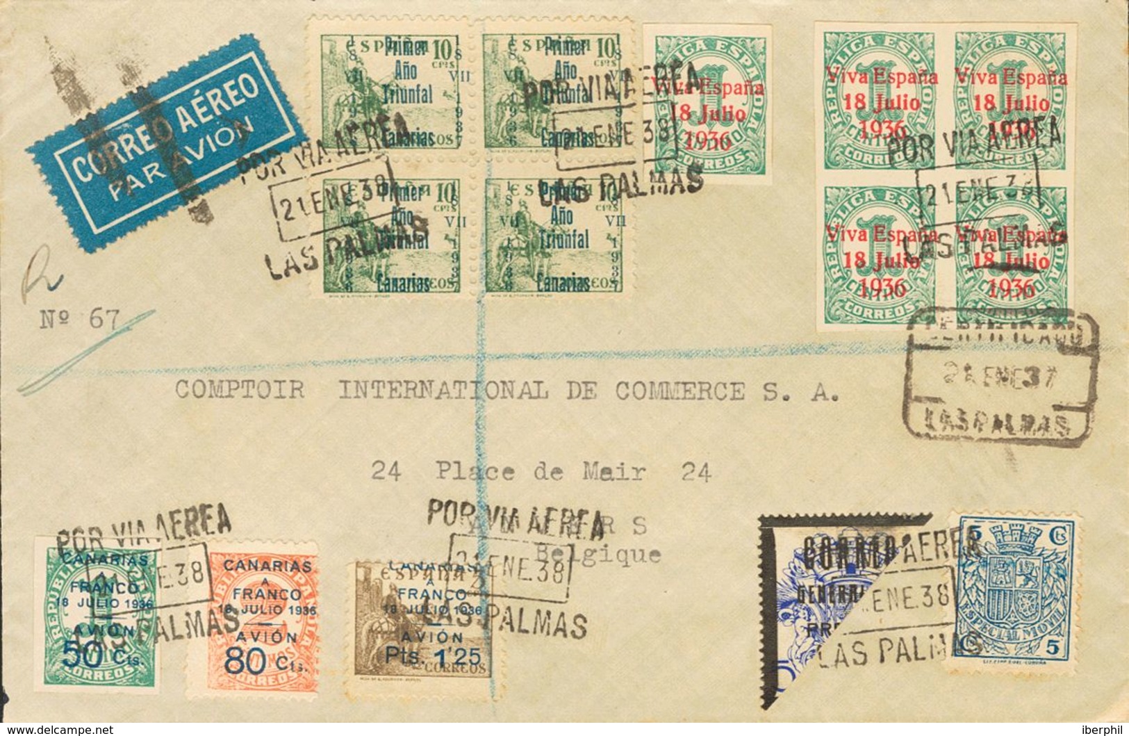 Emisiones Locales Patrióticas. Santa Cruz De Tenerife. Sobre 21(4), 36(5) 1938. Diversos Valores. Certificado De LAS PAL - Emisiones Nacionalistas