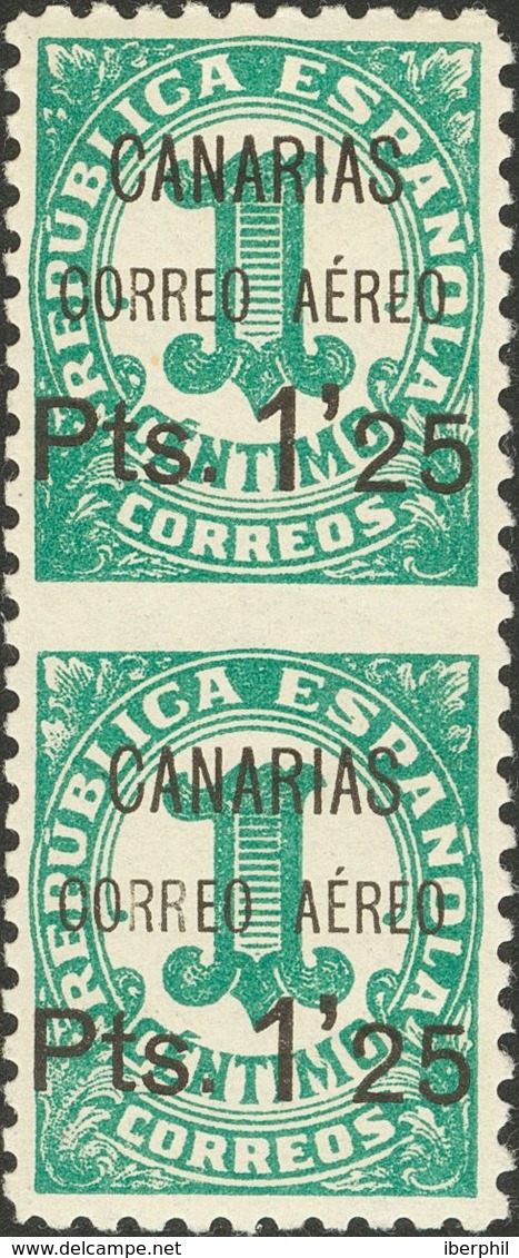 Canarias. * 26spv(2) 1937. 1'25 Pts Sobre 1 Cts Verde, Pareja Vertical. Variedad SIN DENTAR EN MEDIO. MAGNIFICO Y RARO. - Other & Unclassified