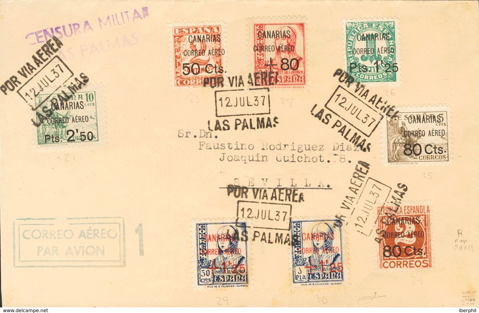 Canarias. Sobre 23/30 1937. Serie Completa. Correo Aéreo De LAS PALMAS A SEVILLA. Al Dorso Llegada. MAGNIFICA Y RARISIMA - Otros & Sin Clasificación