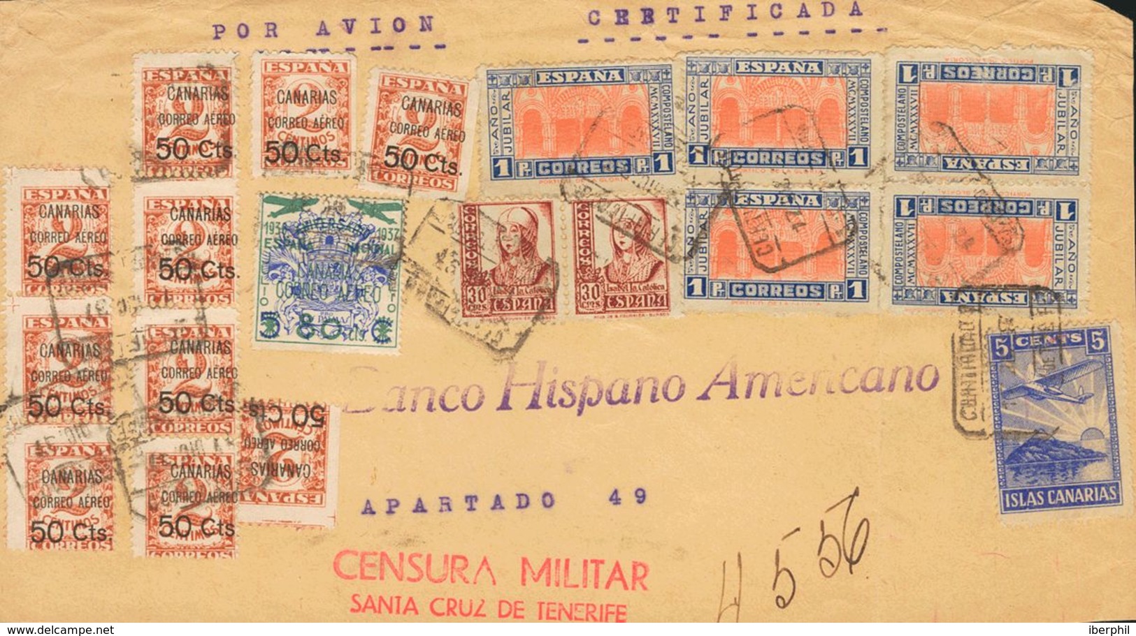 Canarias. Sobre 23(10) 1937. 50 Cts Sobre 2 Cts. Frontal De Certificado De SANTA CRUZ DE TENERIFE A MADRID. MAGNIFICA Y  - Sonstige & Ohne Zuordnung