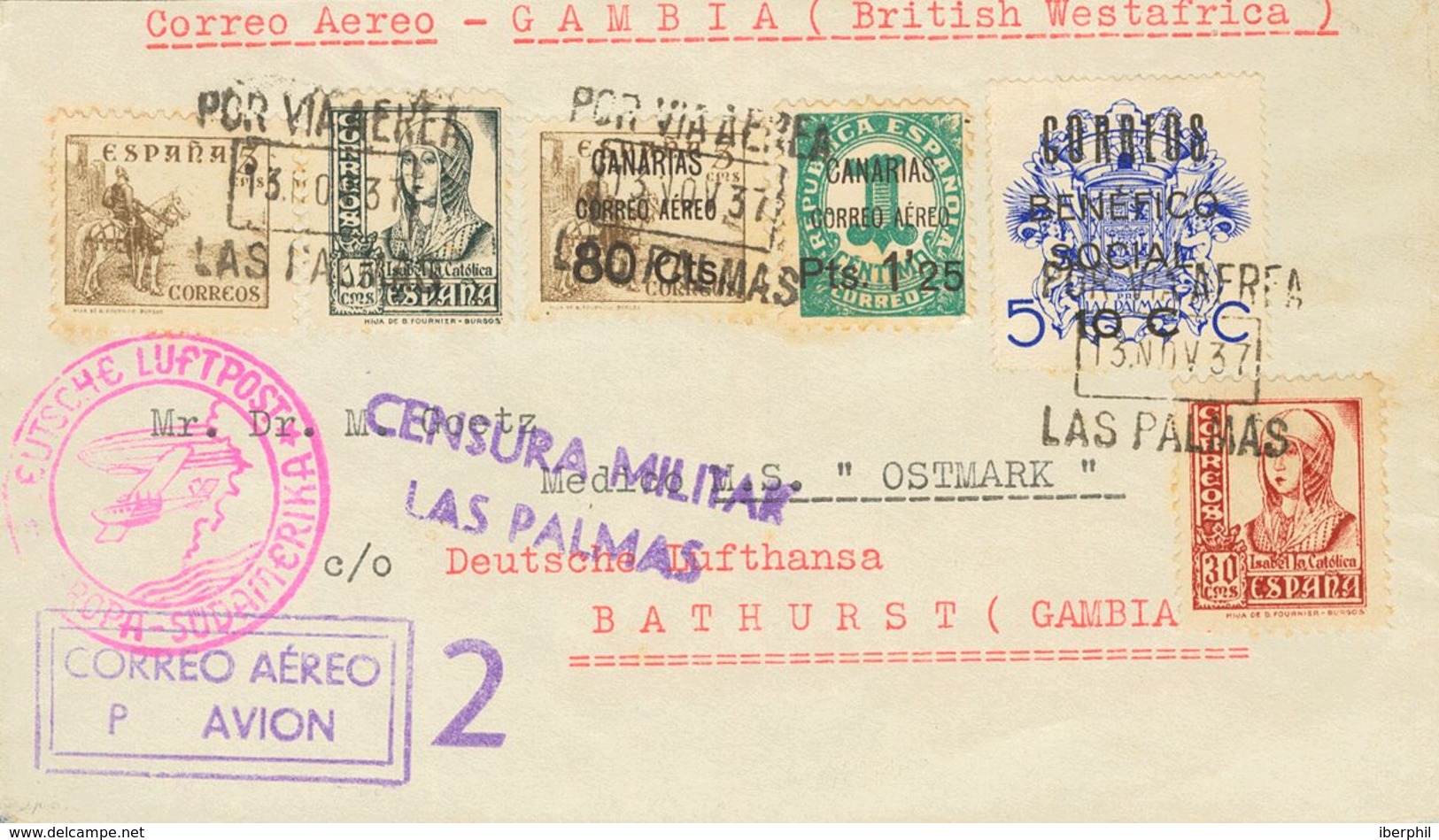 Canarias. Sobre 25, 26 1937. 80 Cts Sobre 5 Cts Y 1'25 Pts Sobre 1 Cts. Correo Graf Zeppelin De LAS PALMAS A BATHURST (G - Sonstige & Ohne Zuordnung