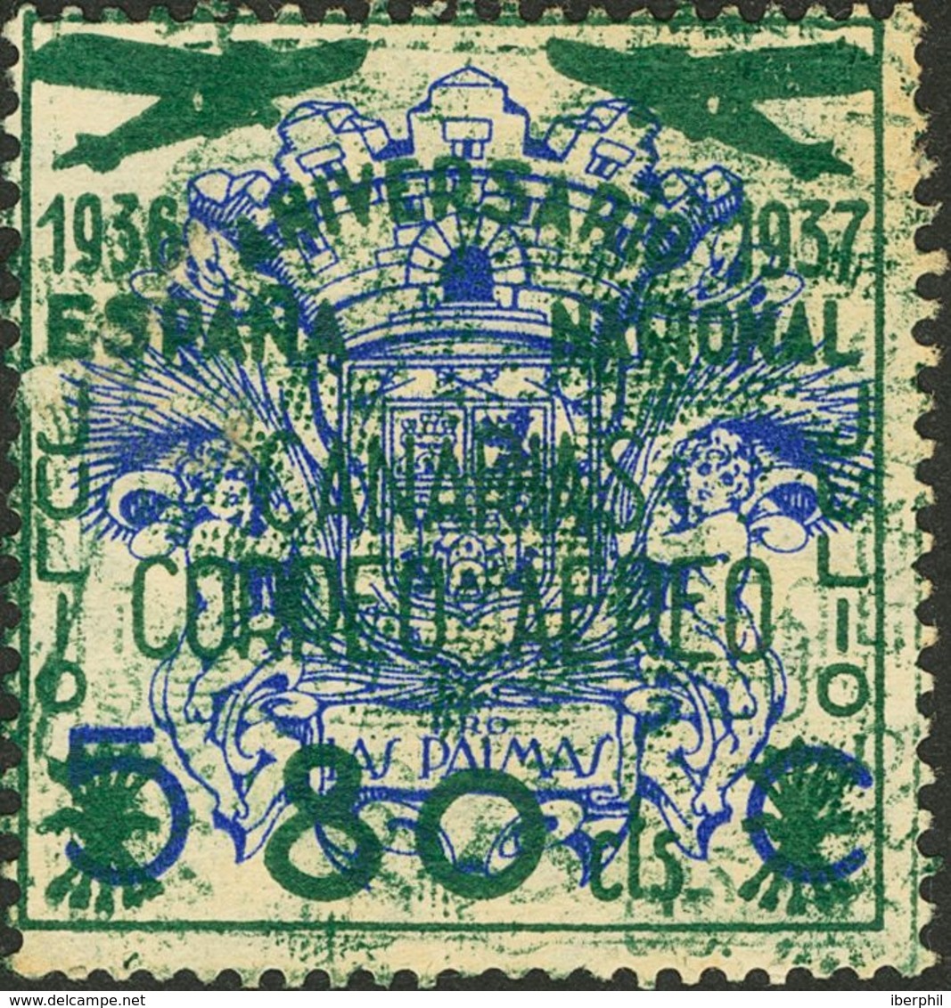 Canarias. (*) 32hh 1937. 80 Cts Sobre 5 Cts Verde. Variedad IMPRESION DOBLE, Una Patinada. MAGNIFICO. Dictamen GRAUS. 20 - Altri & Non Classificati