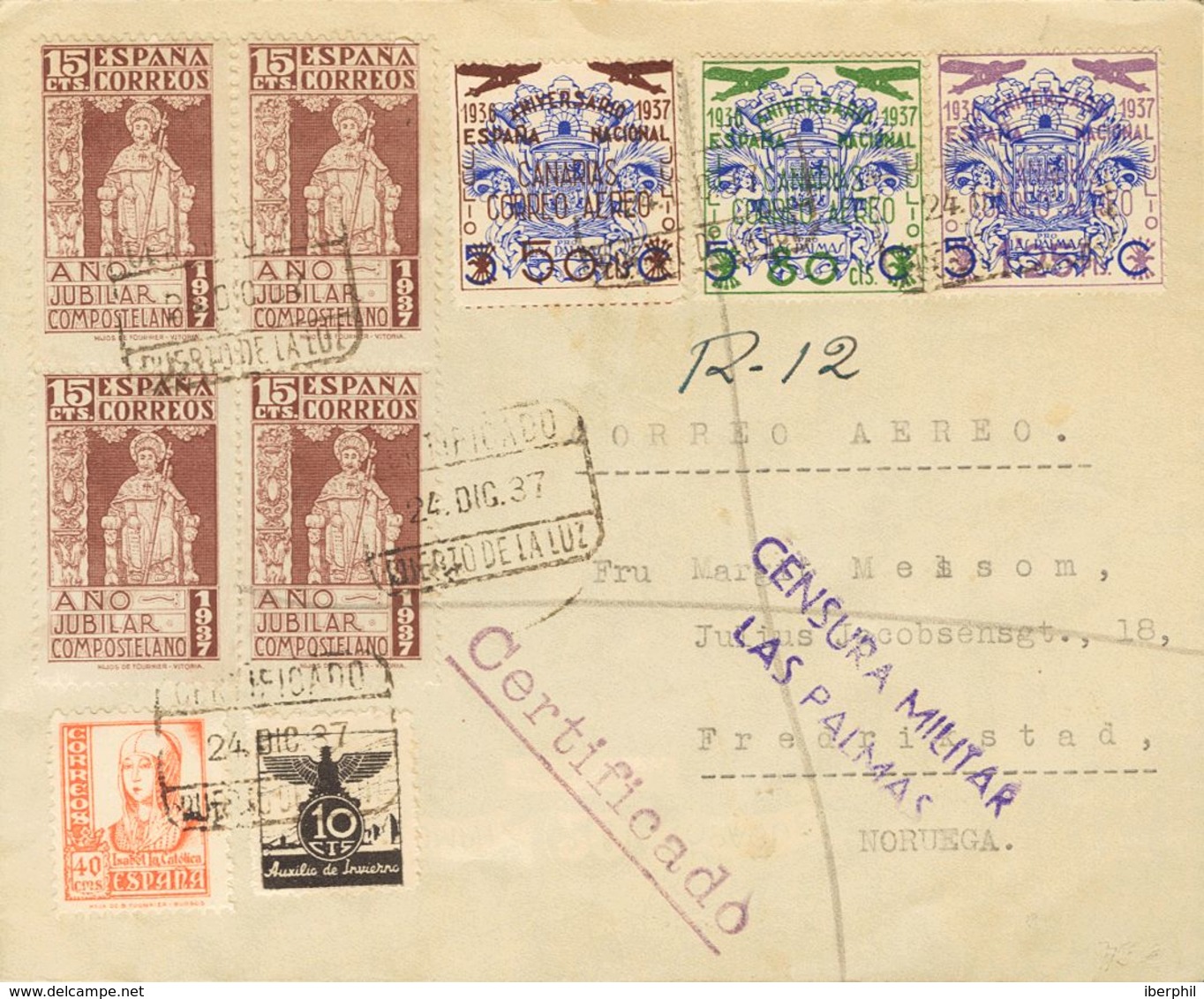 Canarias. Sobre 31/33 1937. Serie Completa. Correo Certificado De PUERTO DE LA LUZ A FREDRIKSTAD (NORUEGA). Al Dorso Lle - Altri & Non Classificati