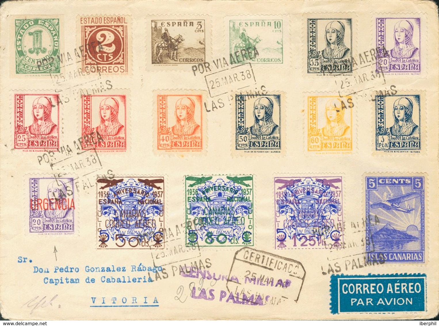 Canarias. Sobre 31/33 1938. Serie Completa Y Diversos Valores. Certificado De LAS PALMAS A VITORIA. Al Dorso Llegada. MA - Sonstige & Ohne Zuordnung