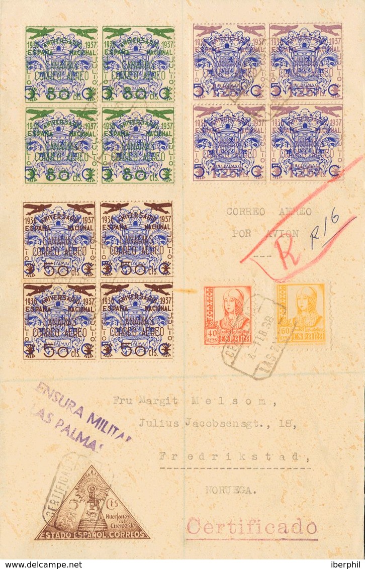 Canarias. Sobre 31/33(4) 1938. Serie Completa, En Bloque De Cuatro. Certificado De LAS PALMAS A FREDRIKSTAD (NORUEGA). A - Altri & Non Classificati