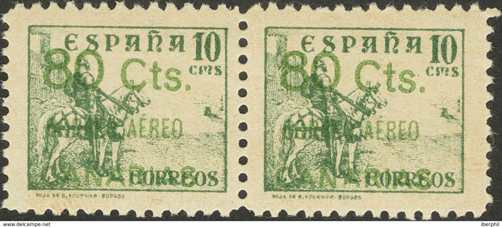 Canarias. **/* 35hcc(2) 1937. 80 Cts Sobre 10 Cts Verde, Pareja. Variedad CAMBIO DE COLOR EN LA SOBRECARGA. MAGNIFICA Y  - Altri & Non Classificati