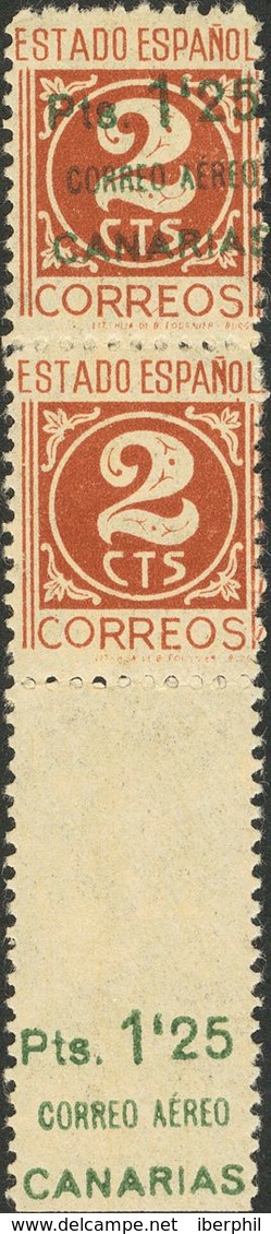 Canarias. * 36hpv 1937. 1'25 Pts Sobre 2 Cts Castaño (conservación Habitual), Pareja Vertical, El Sello Inferior Varieda - Altri & Non Classificati