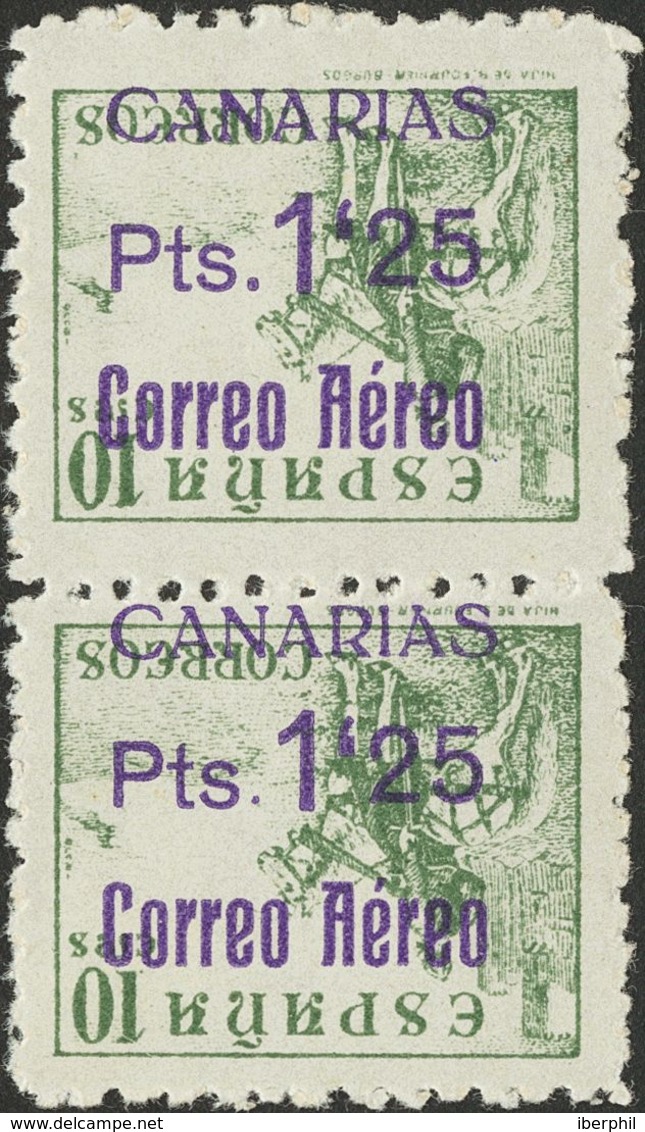 Canarias. **/* 39hi(2) 1938. 1'25 Pts Sobre 10 Cts Verde, Pareja Vertical. Variedad SOBRECARGA INVERTIDA. MAGNIFICA. - Other & Unclassified