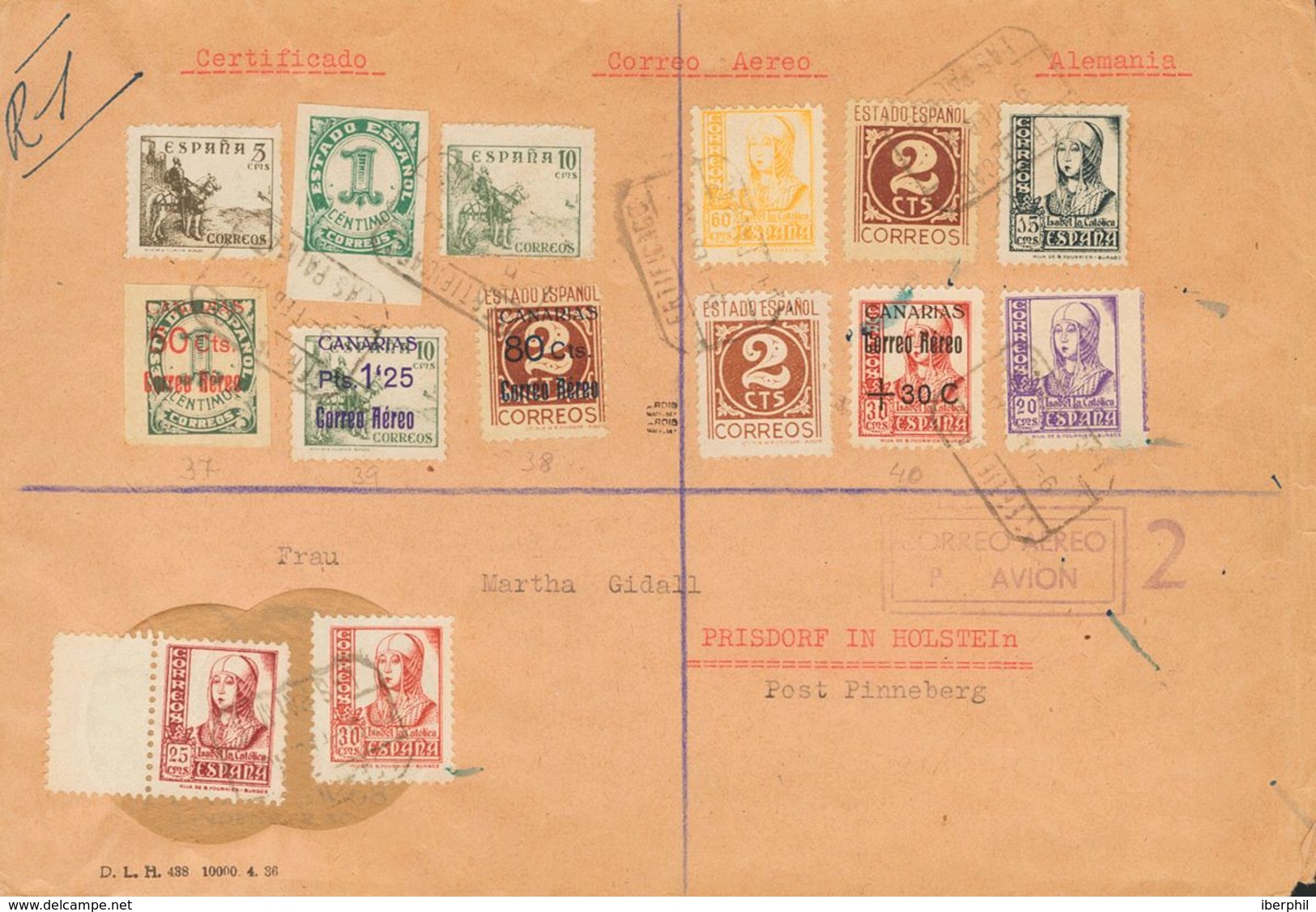 Canarias. Sobre 37/39, 40 1938. Serie Completa Y + 30 Cts Sobre 30 Cts. Correo Aéreo De LAS PALMAS A PINNEBERG (ALEMANIA - Sonstige & Ohne Zuordnung