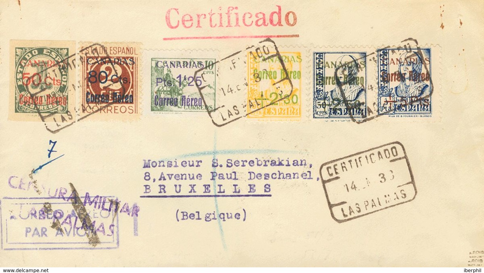 Canarias. Sobre 37/39, 41/43 1938. Serie Completa Y Diversos Valores. Certificado De LAS PALMAS A BRUSELAS (BELGICA). Al - Sonstige & Ohne Zuordnung
