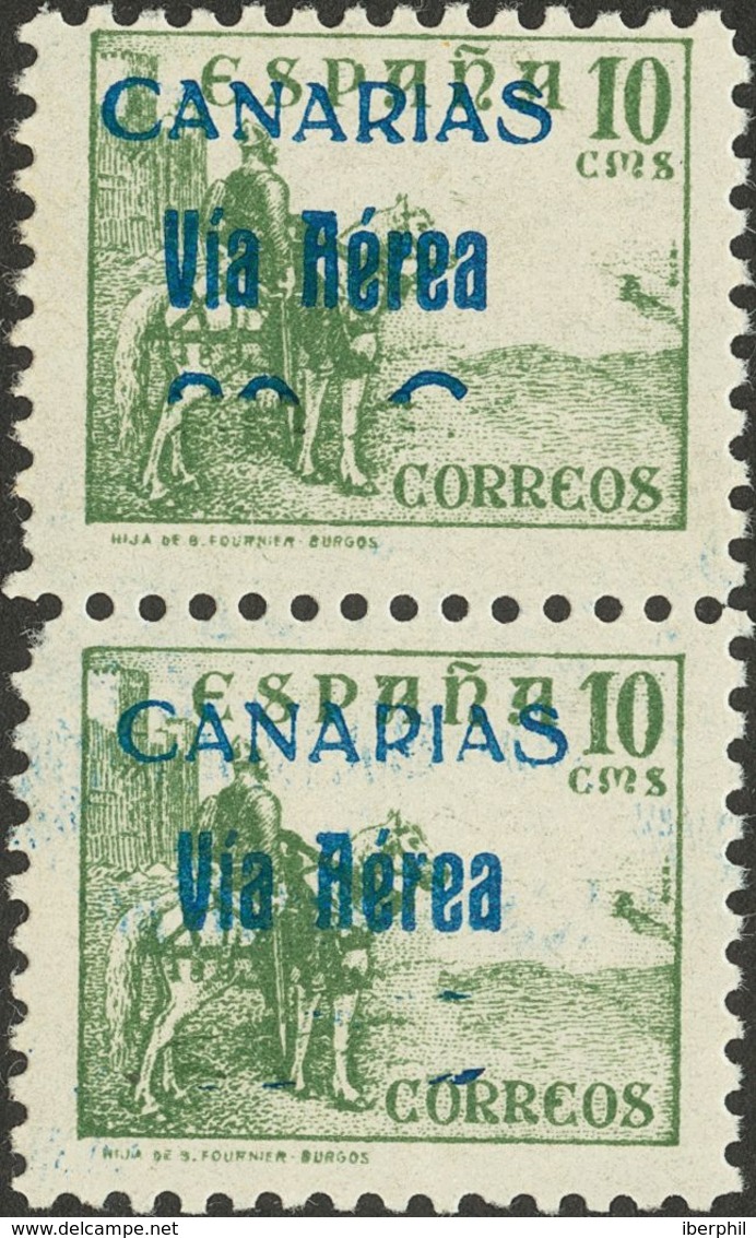 Canarias. ** 45Ahp, 46 1938. 80 Cts Sobre 10 Cts Verde, Pareja Vertical. El Sello Superior HABILITACION PARCIAL Y Sello  - Altri & Non Classificati