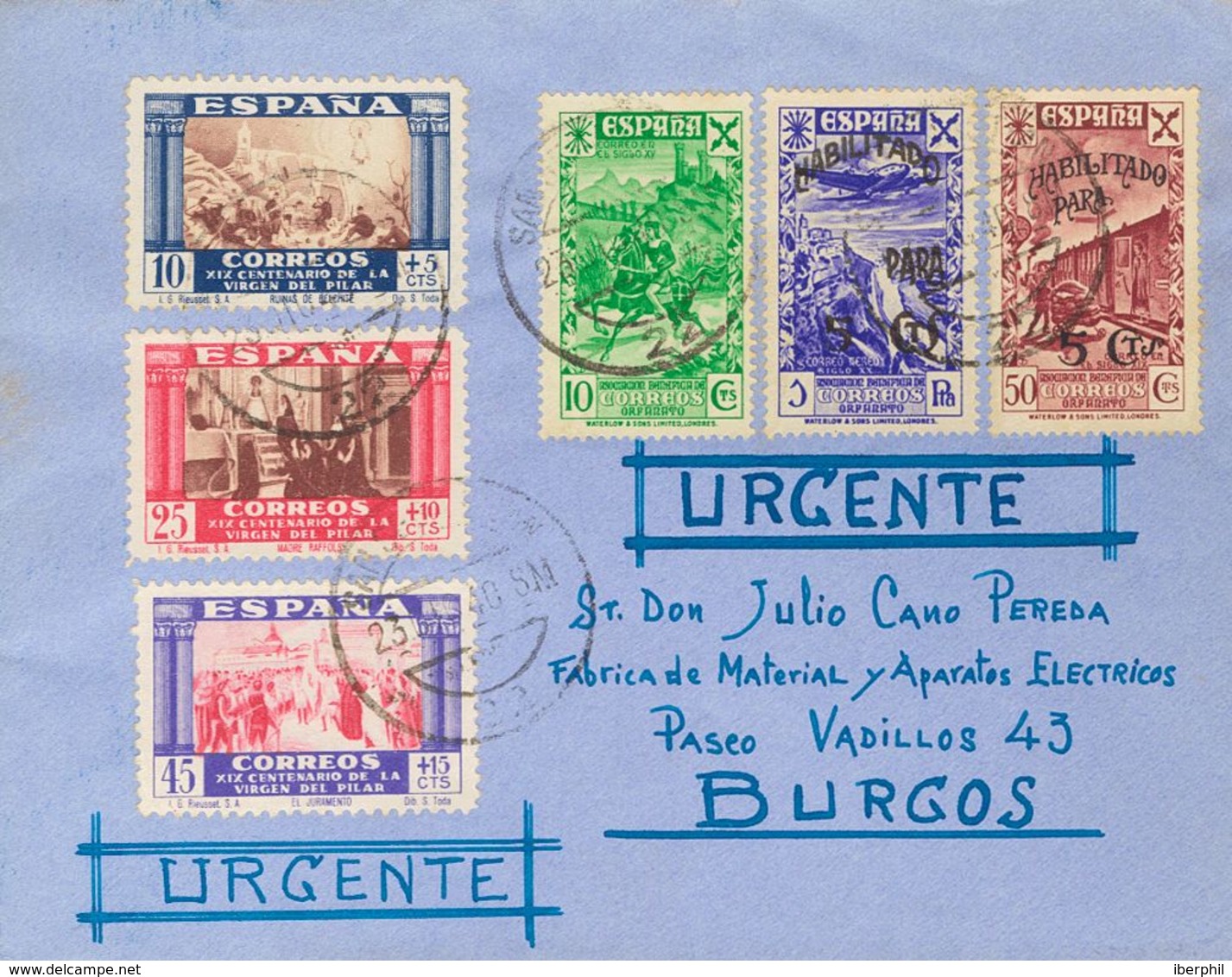 Beneficencia. Sobre 22, 37, 38 1940. Diversos Valores. Correo Urgente De SAN SEBASTIAN A BURGOS. Al Dorso Llegada. MAGNI - Altri & Non Classificati