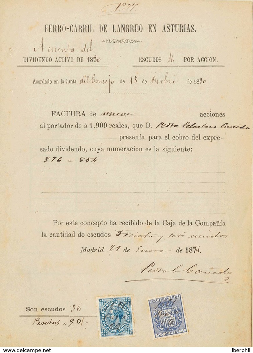 Fiscales. Sobre 1866. Conjunto De Dos Documentos De Dividendos De La Compañía De FERRO-CARRIL DE LANGREO EN ASTURIAS, Fr - Otros & Sin Clasificación