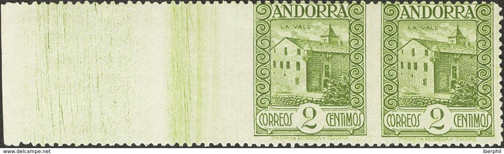 Andorra. (*) 15sphi 1929. 2 Cts Verde Oliva, Pareja, Borde De Hoja. SIN DENTAR EL MARGEN IZQUIERDO. MAGNIFICA Y RARA. 20 - Other & Unclassified