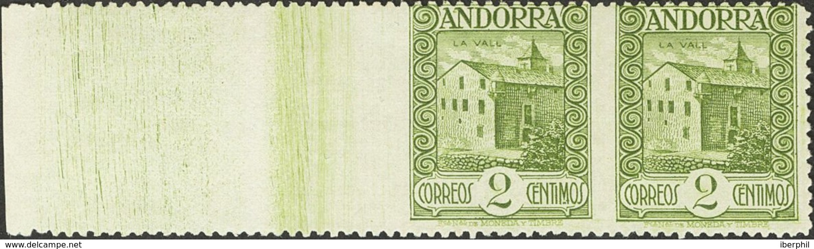 Andorra. (*) 15sphi 1929. 2 Cts Verde Oliva, Pareja, Borde De Hoja. SIN DENTAR EL MARGEN IZQUIERDO. MAGNIFICA Y RARA. 20 - Otros & Sin Clasificación