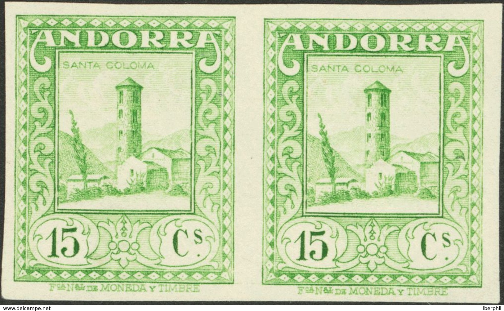 Andorra. (*) 18ccs(2) 1929. 15 Cts Verde Amarillo, Pareja. CAMBIO DE COLOR Y SIN DENTAR. MAGNIFICA Y RARISIMA. 2013 1210 - Sonstige & Ohne Zuordnung