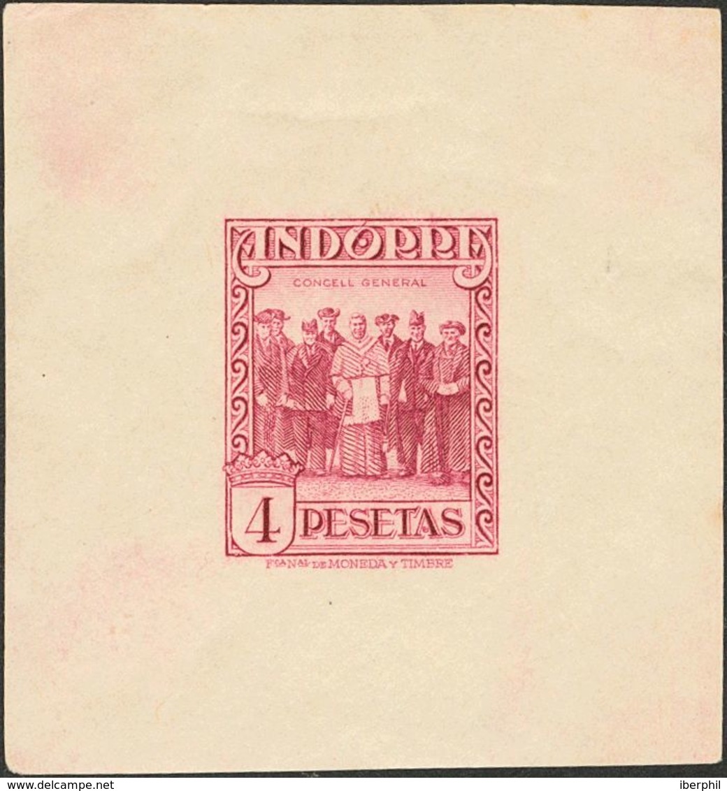 Andorra. * 25P 1929. 4 Pts Rosa Lila. PRUEBA DE PUNZON, Sobre Papel Engomado. MAGNIFICA Y RARA. - Other & Unclassified
