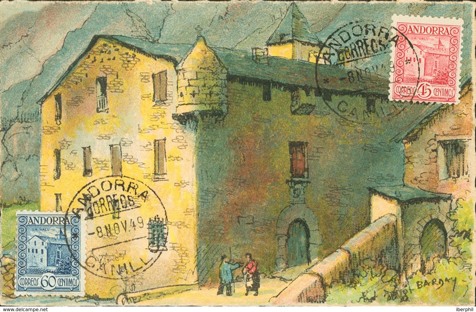 Andorra. Sobre 38, 40 1849. 45 Cts Rosa Y 60 Cts Azul. Tarjeta Postal Ilustrada. Sin Circular. MAGNIFICA. - Sonstige & Ohne Zuordnung