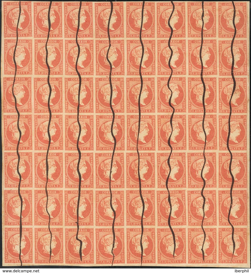 Antillas. º 9(56) 1857. 2 Reales Rojo, Bloque De Cincuenta Y Seis Sellos. Inutilizados "a Pluma". MAGNIFICO. - Altri & Non Classificati