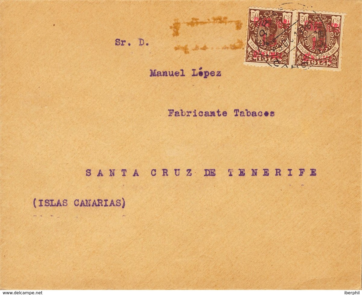 Cabo Juby. Sobre 3(2) 1916. 15 Cts Sobre 50 Cts Castaño, Dos Sellos. Carta Filatélica De CABO JUBY A SANTA CRUZ DE TENER - Cabo Juby