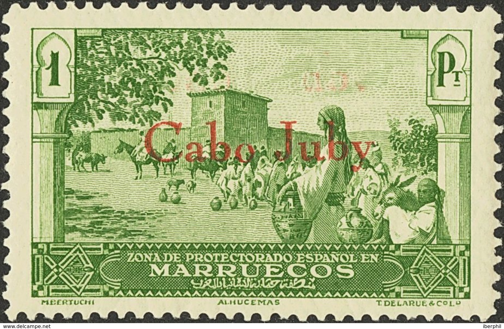 Cabo Juby. * 56hcc 1934. 1 Pts Verde. Variedad CAMBIO DE COLOR EN LA SOBRECARGA, En Rojo. MAGNIFICO Y MUY RARO. 2012 350 - Cape Juby