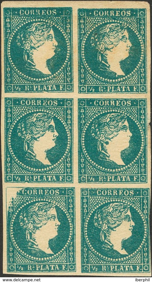 Cuba. * Ant.7ipb 1857. ½ Real Azul Verdoso, Bloque De Seis. Un Sello Variedad FALTA DE IMPRESION EN LA ESQUINA SUPERIOR. - Cuba (1874-1898)
