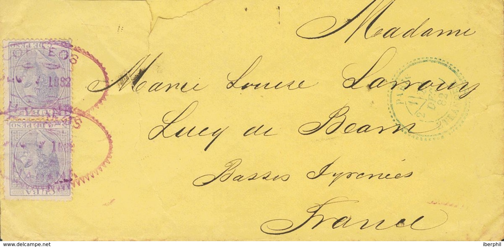 Cuba. Sobre 71(2) 1882. 5 Ctvos Azul Gris, Dos Sellos. LA HABANA A LUCY (FRANCIA) (rotura En El Frente Por Apertura, Sin - Kuba (1874-1898)