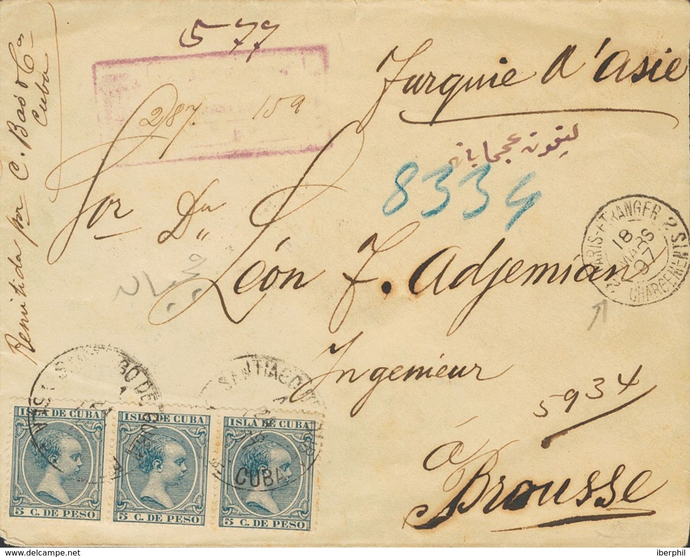 Cuba. Sobre 149(3) 1897. 5 Ctvos Azul, Tira De Tres. SANTIAGO DE CUBA A BURSA (TURQUIA). En El Frente Fechador De Tránsi - Kuba (1874-1898)