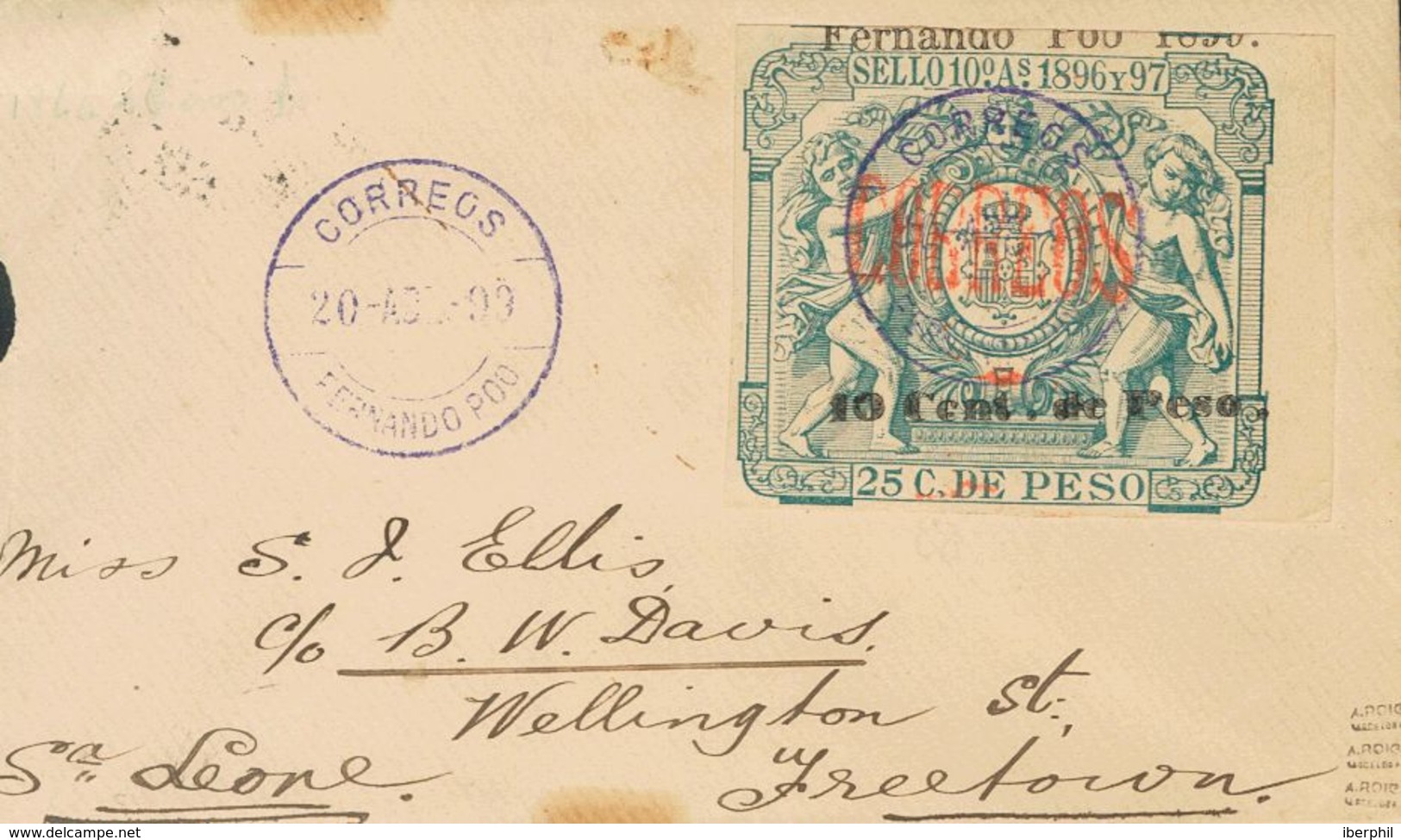 Fernando Poo. Sobre 47F 1899. 10 Cts Sobre 25 Ctvos Verde. FERNANDO POO A FREETOWN (SIERRA LEONA). Al Dorso Llegada (se  - Fernando Po