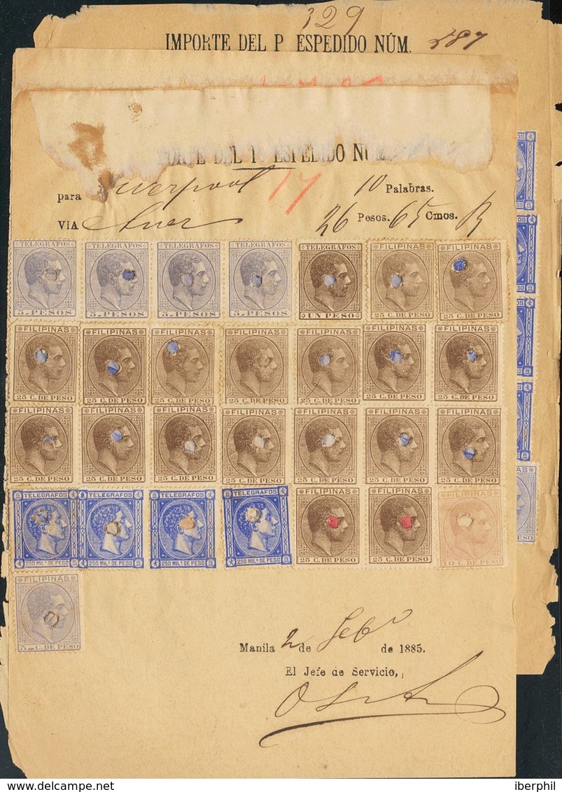 Filipinas. Telégrafos. Sobre 1883. Tres Reintegros De Telegramas De MANILA A GLASGOW Y SUEZ, Circulados Entre 1883 Y 188 - Philippines