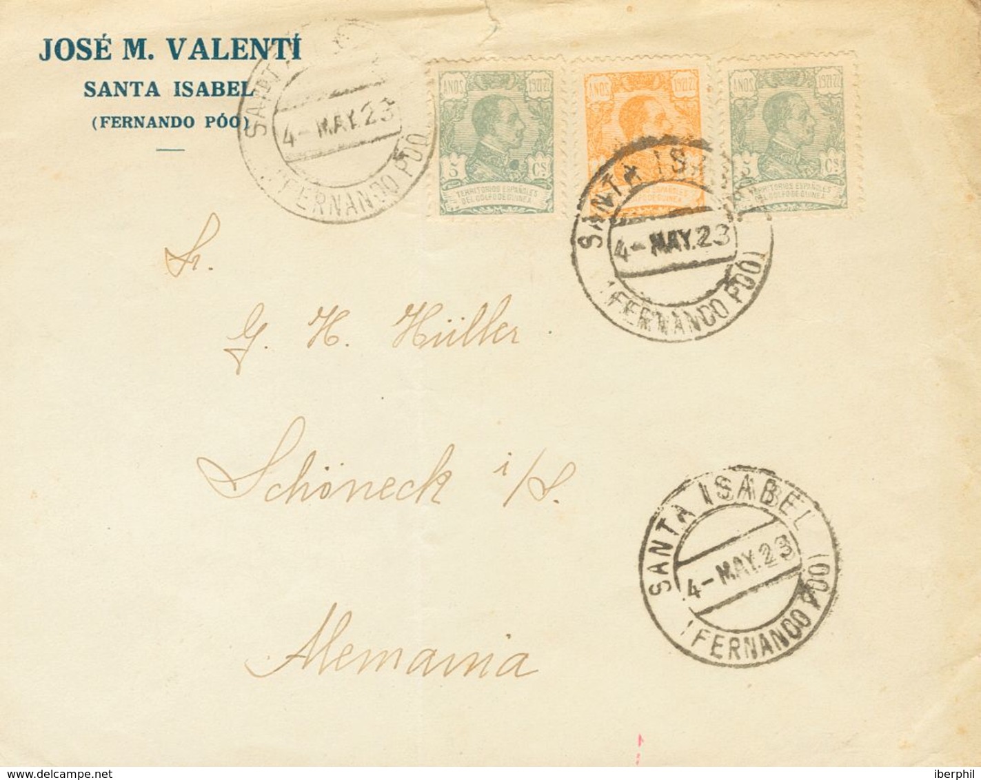 Guinea. Sobre 156(2), 158 1923. 5 Cts Verde Gris, Dos Sellos Y 15 Cts Naranja. SANTA ISABEL A SCHONACH (ALEMANIA). BONIT - Guinea Espagnole