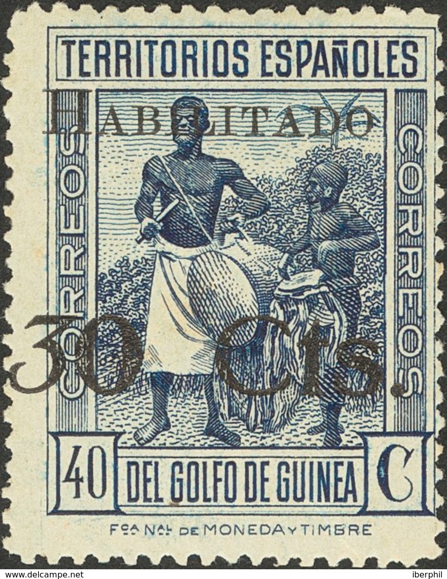 Guinea. * 251hzd 1937. 30 Cts Sobre 40 Cts Azul. Variedad CIFRA "3" INCLINADA. MAGNIFICO. 2012 62. - Guinea Española