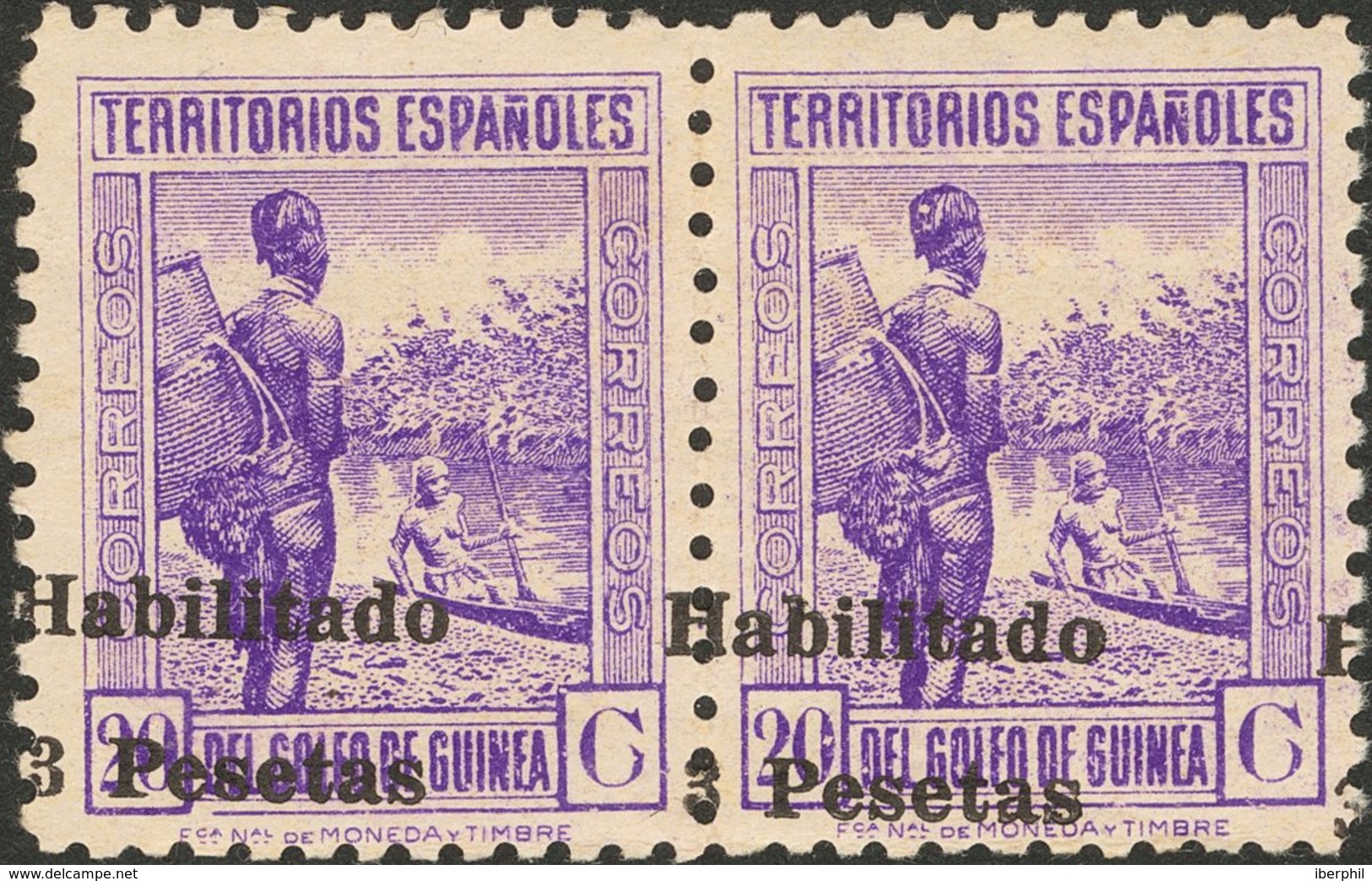 Guinea. ** 267(2) 1942. 3 Pts Sobre 20 Cts Lila, Pareja. Variedad SOBRECARGA DESPLAZADA. MAGNIFICA Y RARA, NO RESEÑADA. - Guinea Española