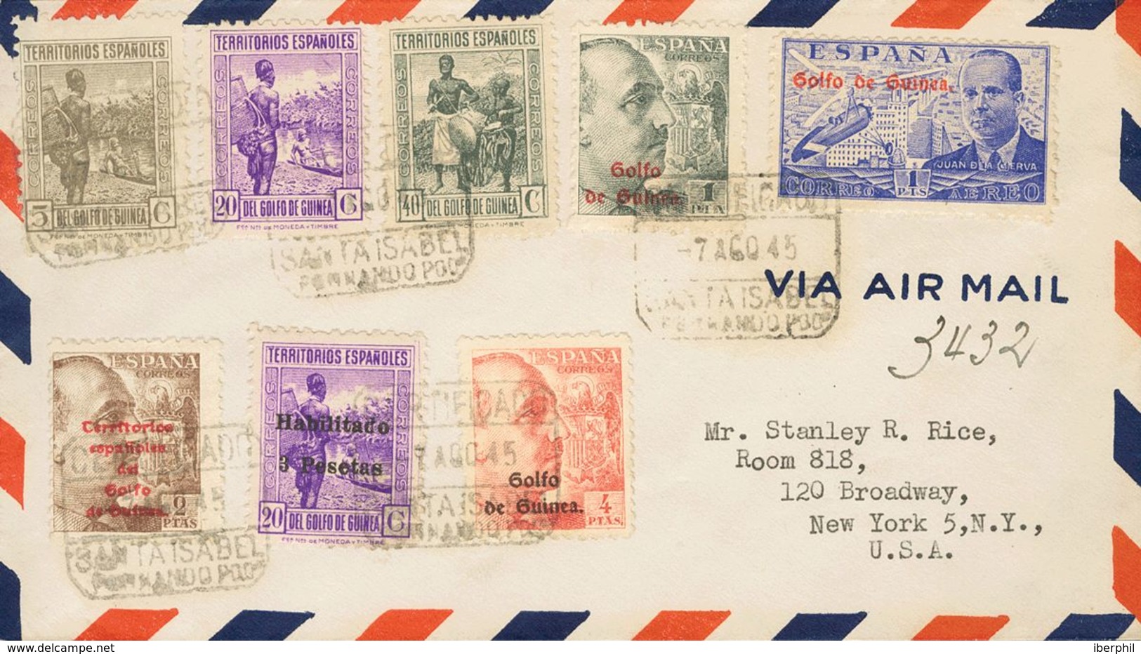 Guinea. Sobre 264/66, 267/69, 271 1945. Diversos Valores. Certificado De SANTA ISABEL (GUINEA) A NEW YORK (U.S.A.). Al D - Guinea Española