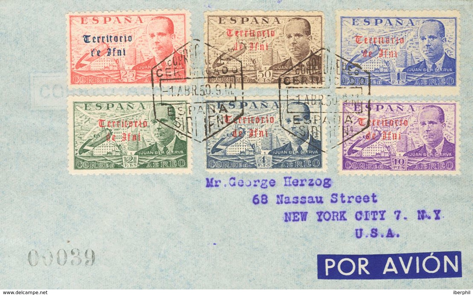 Ifni. Sobre 59/64 1950. Serie Completa. Carta Filatélica De Correo Aéreo De SIDI IFNI A NUEVA YORK (U.S.A.). Al Dorso Ll - Ifni