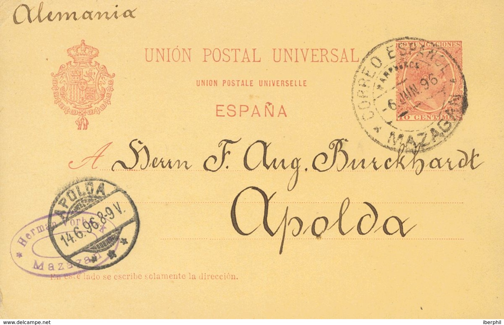 Marruecos. Sobre EP31 1896. 10 Cts Carmín. Tarjeta Entero Postal De España De MAZAGAN (MARRUECOS) A APOLDA (ALEMANIA). M - Spanish Morocco