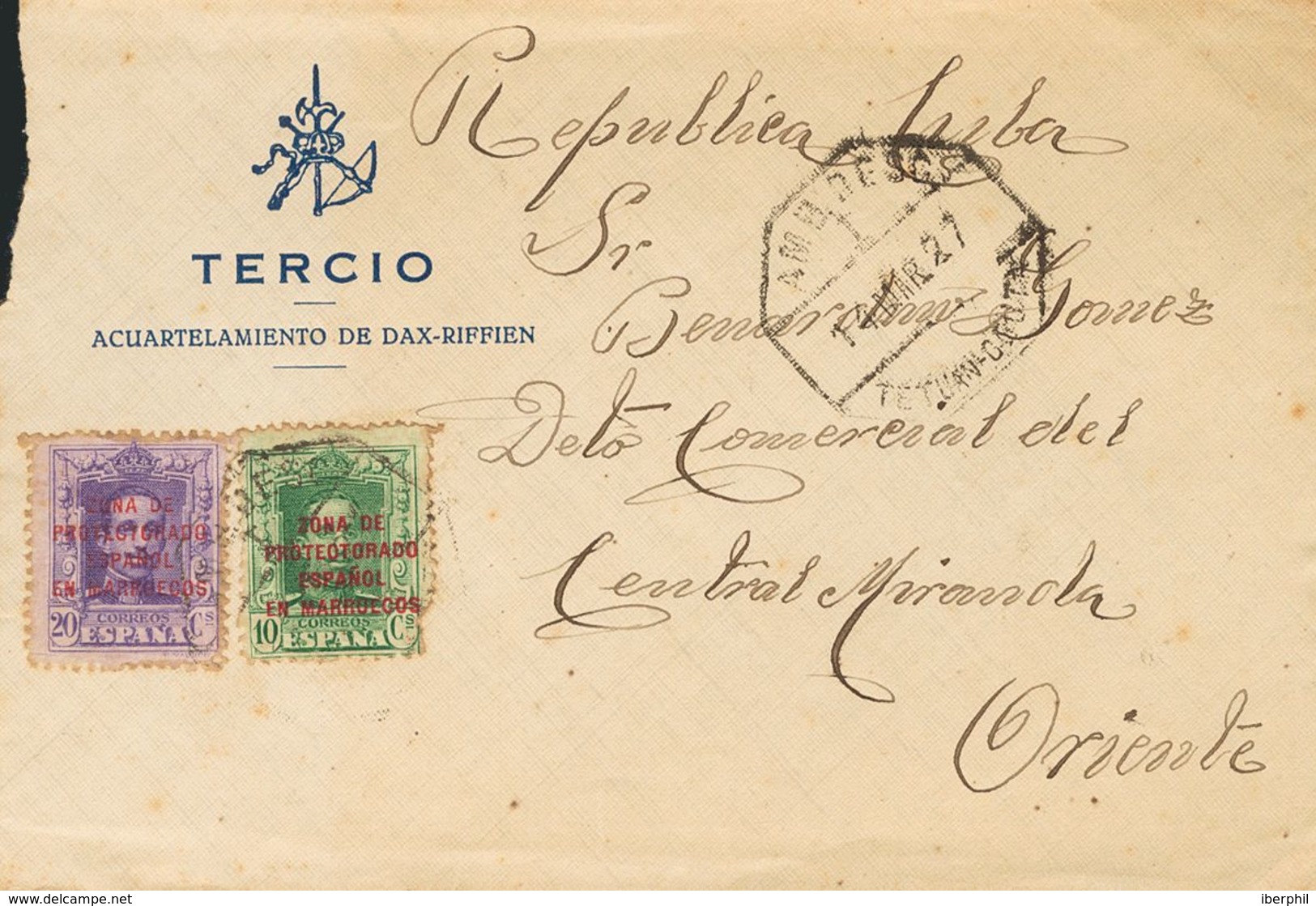 Marruecos. Sobre 83, 85 1927. 10 Cts Verde (defecto) Y 20 Cts Violeta. DAR RIFIEN (MARRUECOS) A MIRANDA (CUBA). Membrete - Spanish Morocco