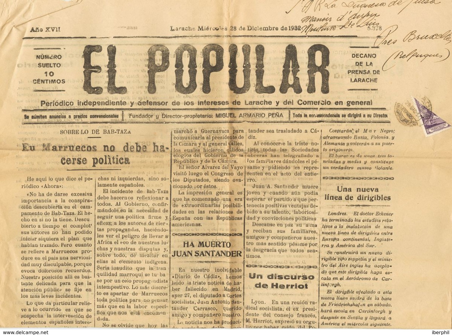 Marruecos. Sobre 106 1932. 2 Cts Violeta BISECTADO. Periódico EL POPULAR De LARACHE A BRUSELAS (BELGICA). MAGNIFICO Y MU - Spanisch-Marokko