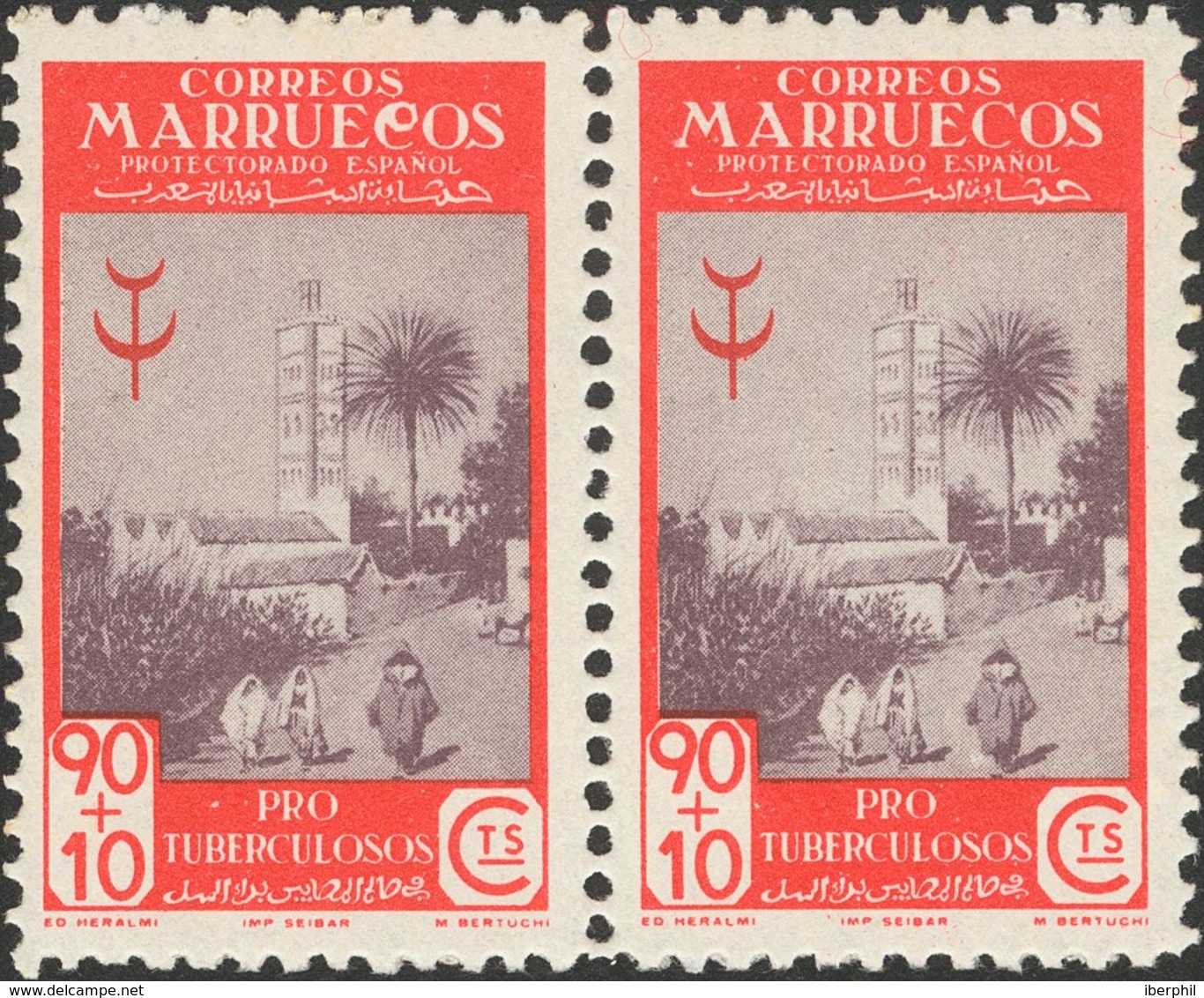 Marruecos. ** 274it 1946. 90 Cts + 10 Cts Carmín Y Gris, Pareja. Un Sello Variedad MANCHA EN LA "C" DE MARRUECOS. MAGNIF - Spanisch-Marokko