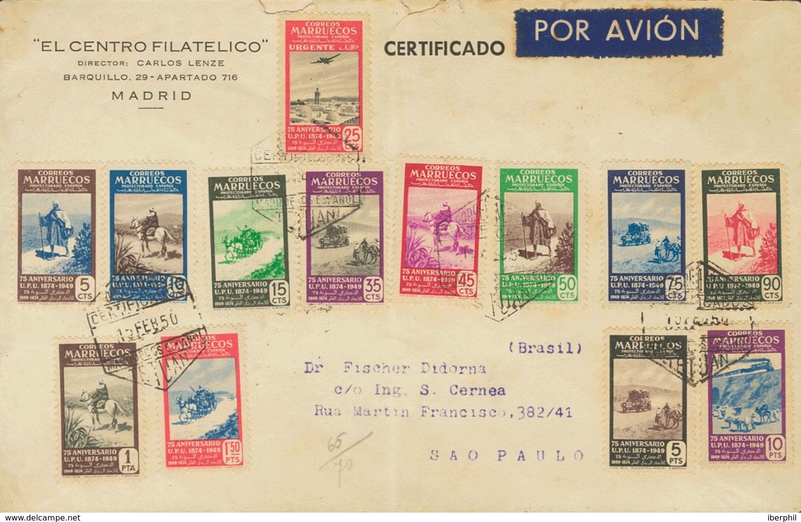 Marruecos. Sobre 312/24 1950. Serie Completa. TETUAN (MARRUECOS) A SAO PAULO (BRASIL). Al Dorso Llegada. MAGNIFICA Y RAR - Marocco Spagnolo