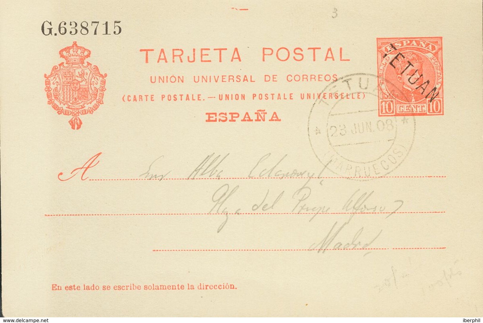 Marruecos. Entero Postal. Sobre EP3 1908. 10 Cts Naranja Sobre Tarjeta Entero Postal. TETUAN A MADRID. MAGNIFICA Y RARA. - Spanish Morocco