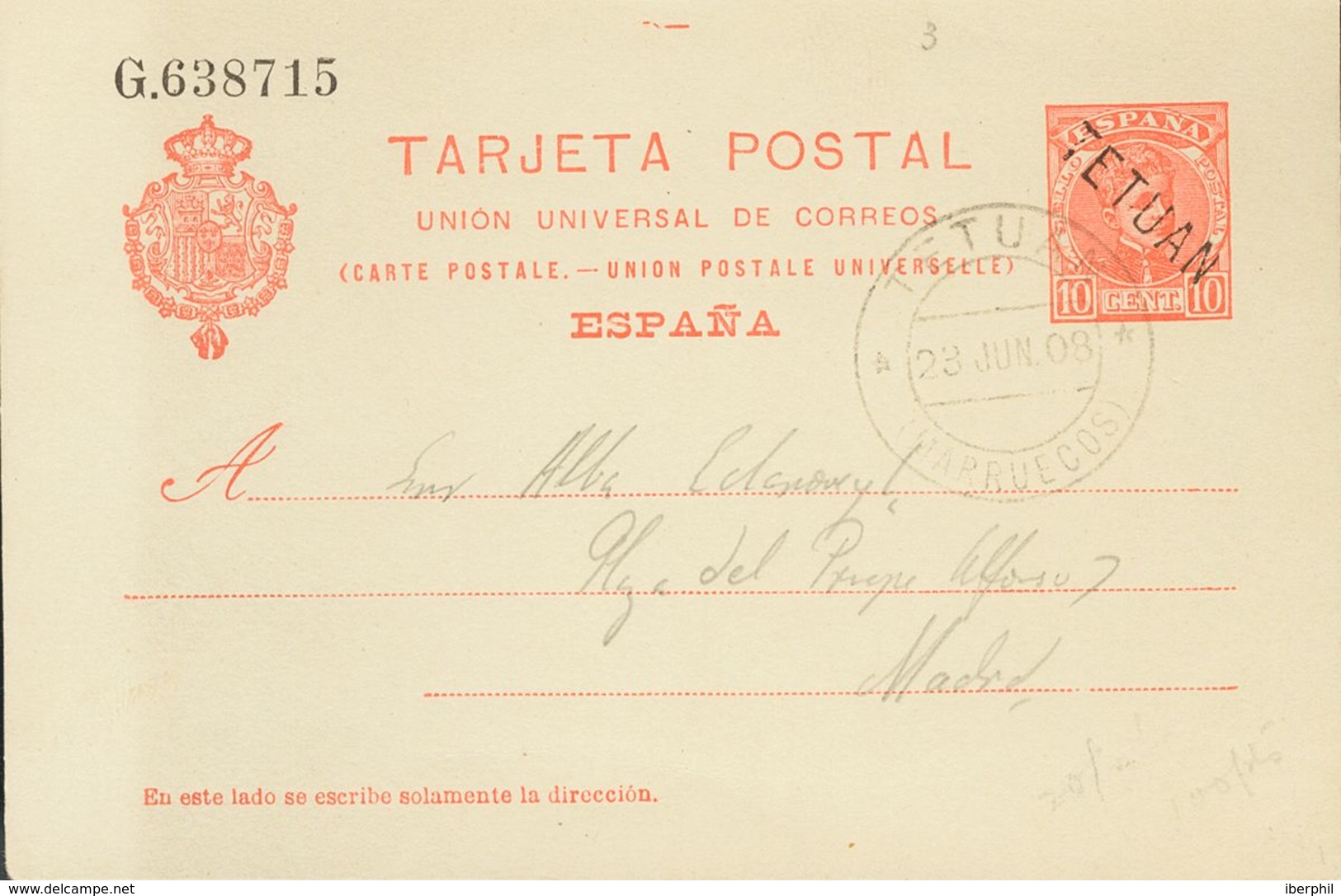 Marruecos. Entero Postal. Sobre EP3 1908. 10 Cts Naranja Sobre Tarjeta Entero Postal. TETUAN A MADRID. MAGNIFICA Y RARA. - Marruecos Español