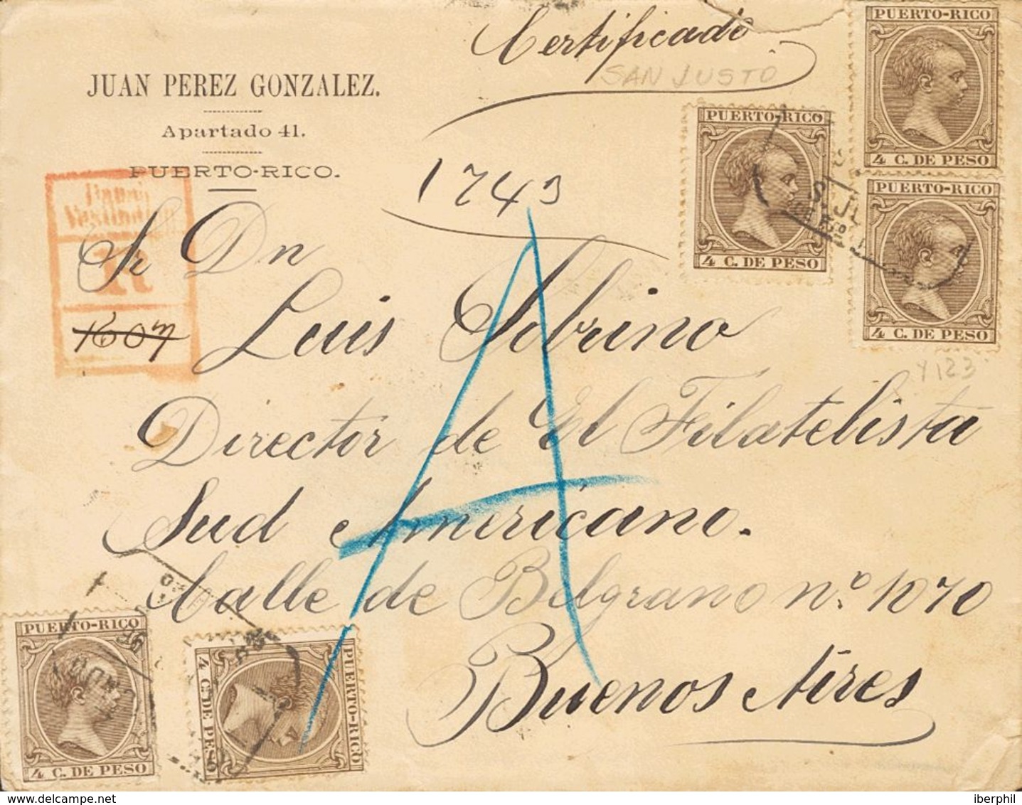 Puerto Rico. Sobre 123(5) 1896. 4 Ctvos Castaño, Cinco Sellos. Certificado De SAN JUAN A BUENOS AIRES (ARGENTINA). Al Do - Porto Rico