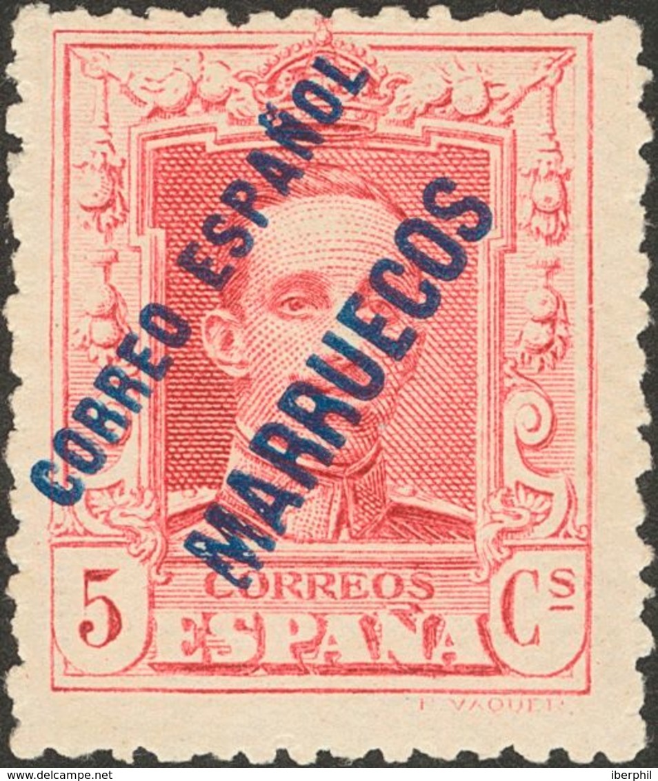 Tánger. ** 50 1929. 5 Cts Rojo Carmín. Valor Clave. MAGNIFICO Y RARISIMO SIN FIJASELLOS. Cert. EXFIMA. 2018 890. - Marruecos Español