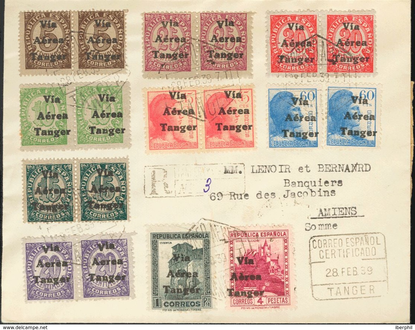 Tánger. Sobre 128/35(2), 137/39 1939. Serie Completa A Falta Del 50 Cts, 10 Pts Y 20 Cts Urgente. Certificado De TANGER  - Marruecos Español