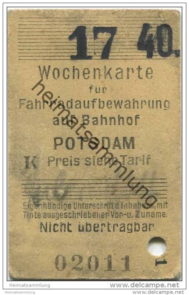 Deutschland - Potsdam - Wochenkarte Für Fahrradaufbewahrung Auf Bahnhof Potsdam 1940 - Europa