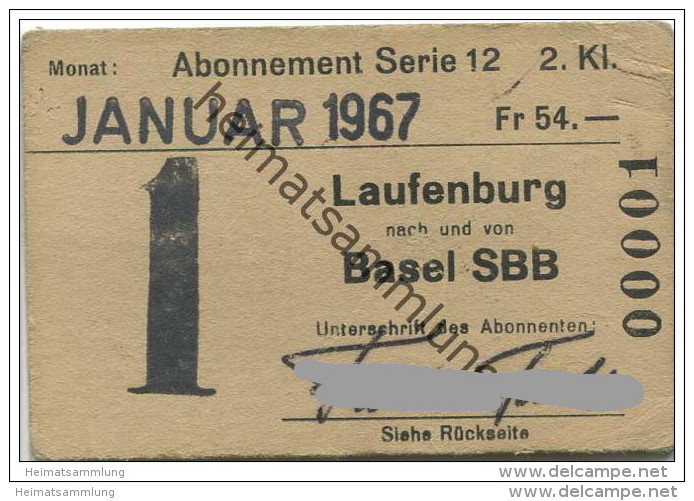 Schweiz - SBB - Laufenburg - Basel - Monats-Abonnement - Fahrkarte Januar 1967 - 2. Klasse - Europa