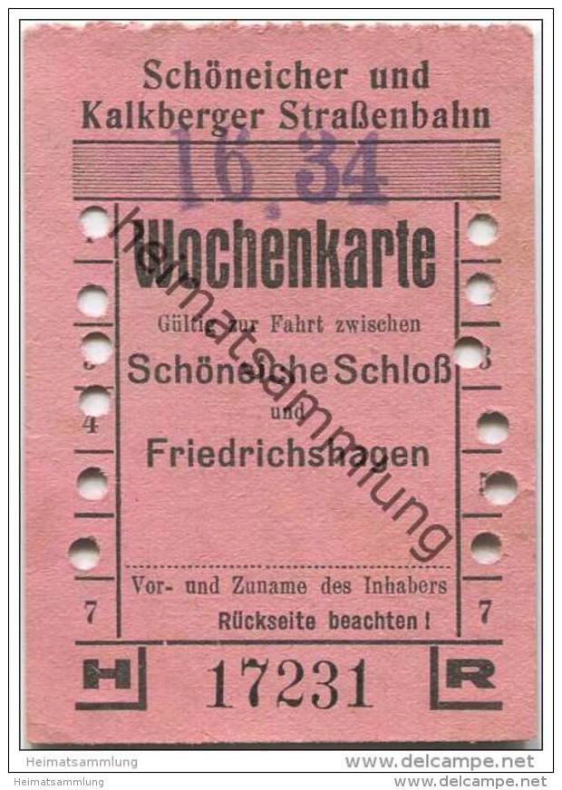 Deutschland - Schöneiche Kalkberge - Schöneicher Und Kalkberger Strassenbahn - Wochenkarte 1934 - Gültig Zur Fahrt Zwisc - Europa